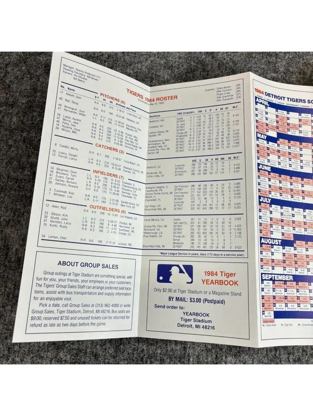 1984 Detroit Tigers Team Roster & Schedule World Series Year Facsimile Signature